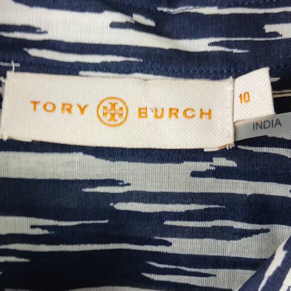 Tory Burch SZ 10 Cotton Brigitt Blouse Navy Space Dye With Gold Logo Buttons - Picture 5 of 6